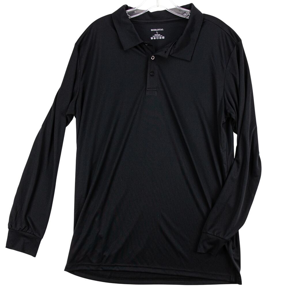 Men’s Black Long-Sleeve Polo Shirt L Lightweight Breathable Polyester | Gradual